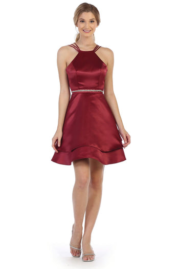 Short Halter Homecoming Strappy Cocktail Dress - The Dress Outlet