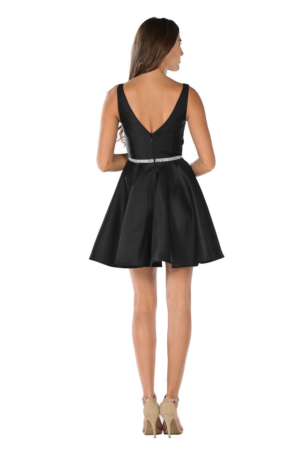 Vestido corto de mikado con escote en V y efecto ilusión de Poly USA 7894