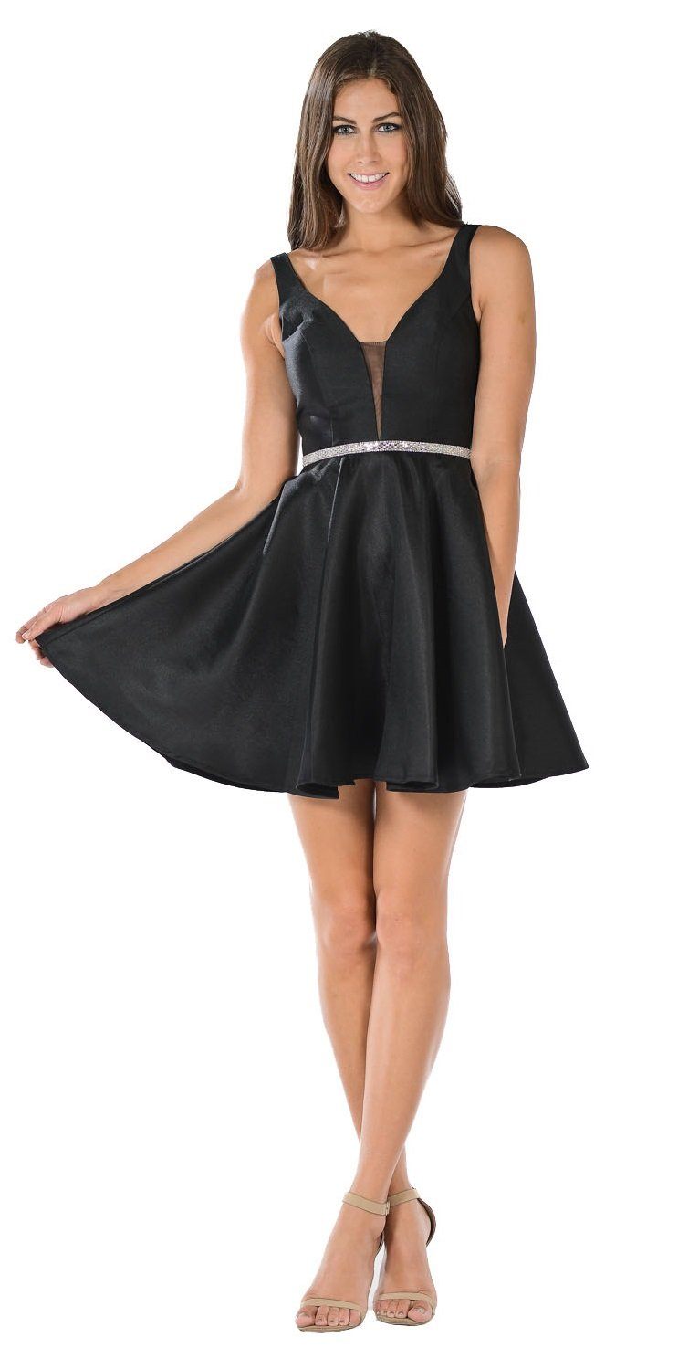 Vestido corto de mikado con escote en V y efecto ilusión de Poly USA 7894