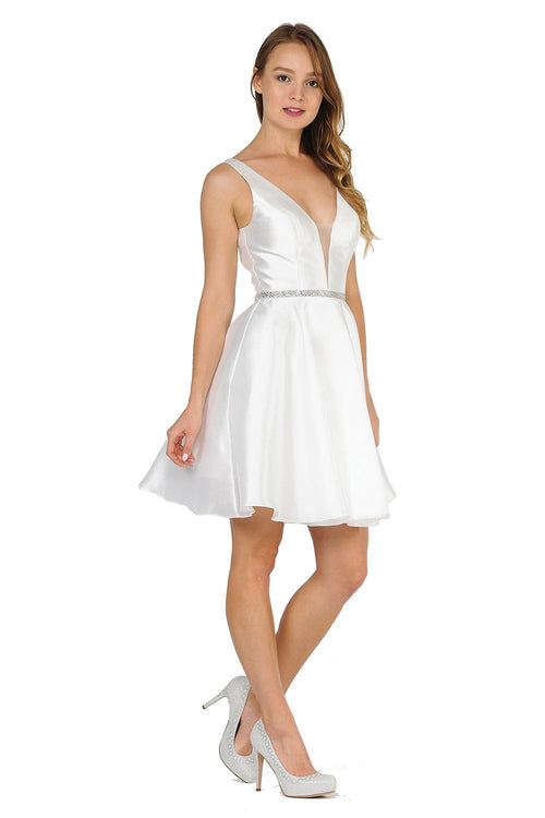 Vestido corto de mikado con escote en V y efecto ilusión de Poly USA 7894