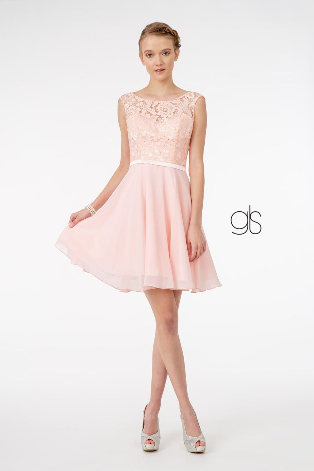 Short Lace Bodice Dress with Corset Back by Elizabeth K GS2807 - XS / Blush - Short Cocktail Dresses