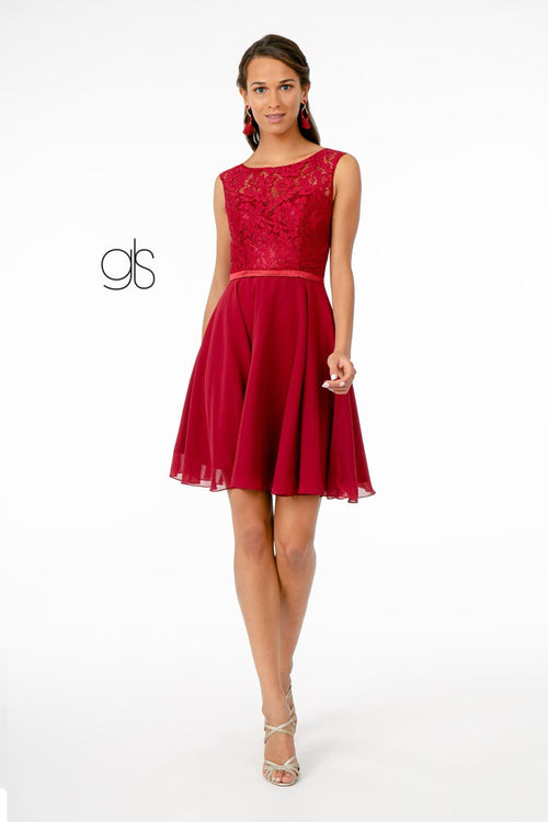 Short Lace Bodice Dress with Corset Back by Elizabeth K GS2807 - XS / Burgundy - Short Cocktail Dresses