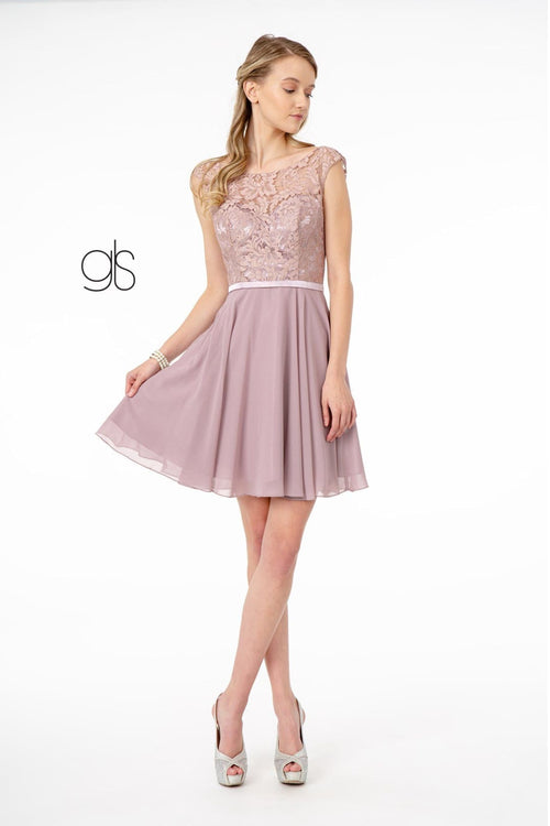 Short Lace Bodice Dress with Corset Back by Elizabeth K GS2807 - XS / Mauve - Short Cocktail Dresses