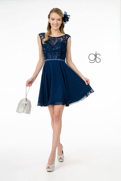 Short Lace Bodice Dress with Corset Back by Elizabeth K GS2807 - XS / Navy - Short Cocktail Dresses