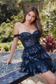Short Off Shoulder A-line Tiered Dress by Juliet JT920K - Black / 2 - Short Cocktail Dresses