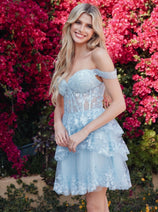 Short Off Shoulder A-line Tiered Dress by Juliet JT920K
