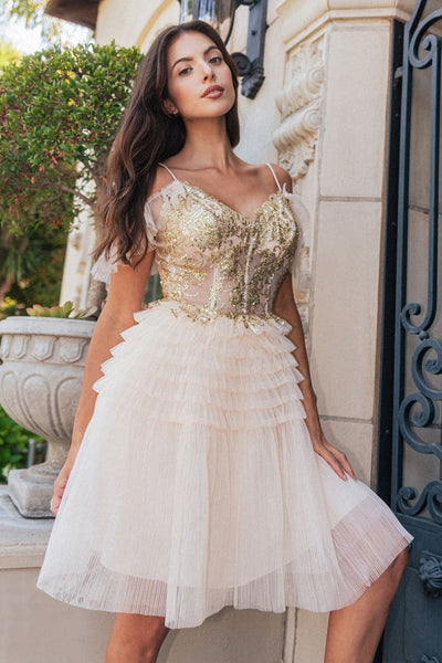 Short Off Shoulder Tiered Dress by Elizabeth K GS3511 - XS / Champagne - Short Cocktail Dresses
