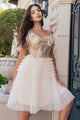 Short Off Shoulder Tiered Dress by Elizabeth K GS3511 - XS / Champagne - Short Cocktail Dresses
