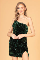 Short One Shoulder Sequin Velvet Dress by Elizabeth K GS3086 - Short Cocktail Dresses