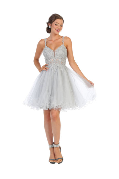 Short Prom Dress Fit and Flare Embroidered Homecoming Outfit By MQ1693 - Silver / 2 - Dress