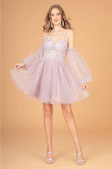 Short Puff Sleeve A-line Dress by Elizabeth K GS3095 - Short Cocktail Dresses