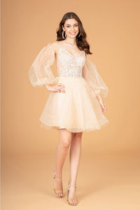 Short Puff Sleeve A-line Dress by Elizabeth K GS3095 - XS / Champagne - Short Cocktail Dresses