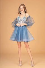 Short Puff Sleeve A-line Dress by Elizabeth K GS3095 - XS / Smoky Blue - Short Cocktail Dresses