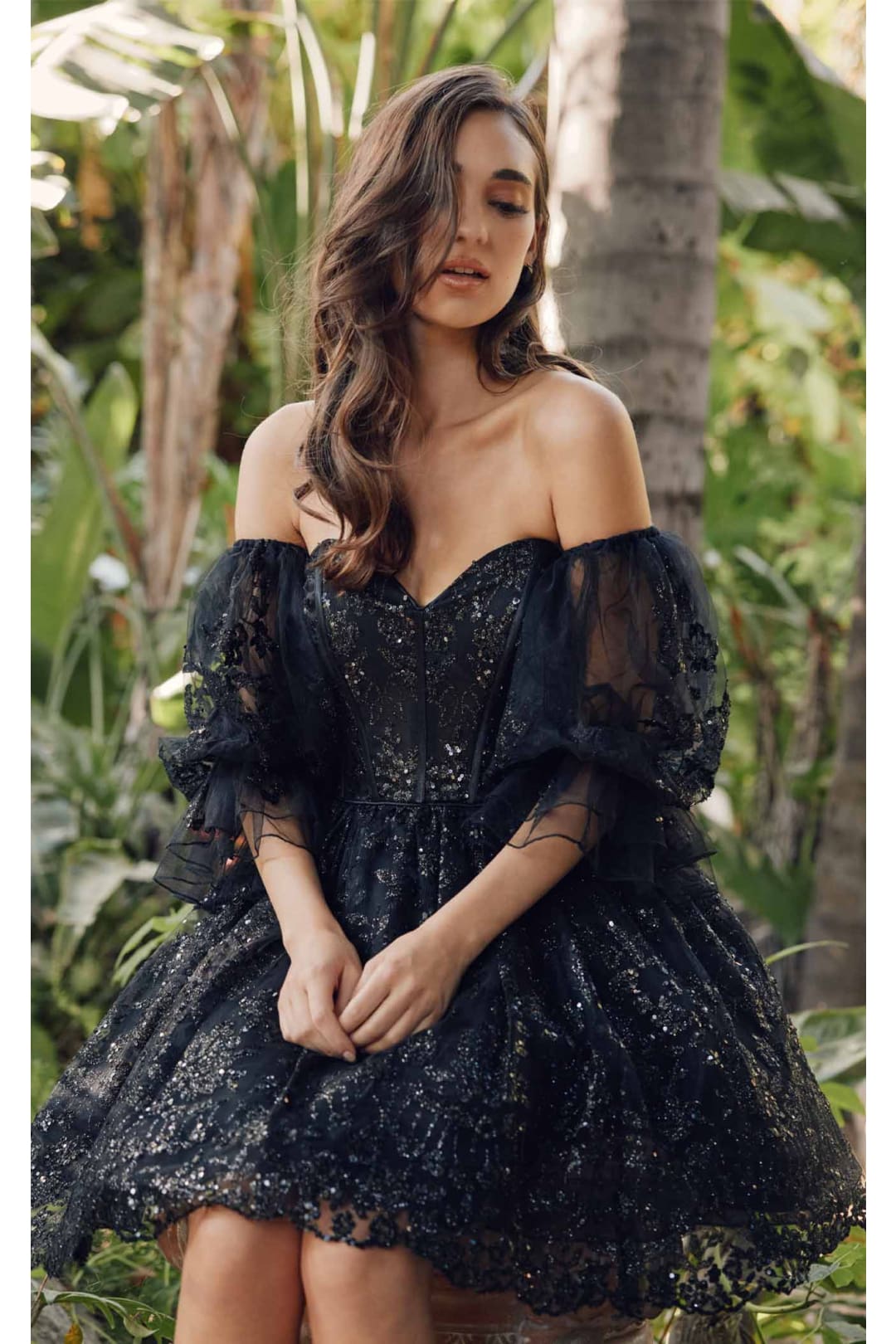 Short Puff Sleeve Glitter Print A-Line Dress by Juliet 895 - Dress