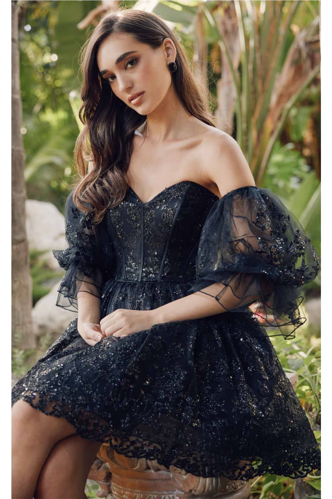 Short Puff Sleeve Glitter Print A-Line Dress by Juliet 895 - Dress