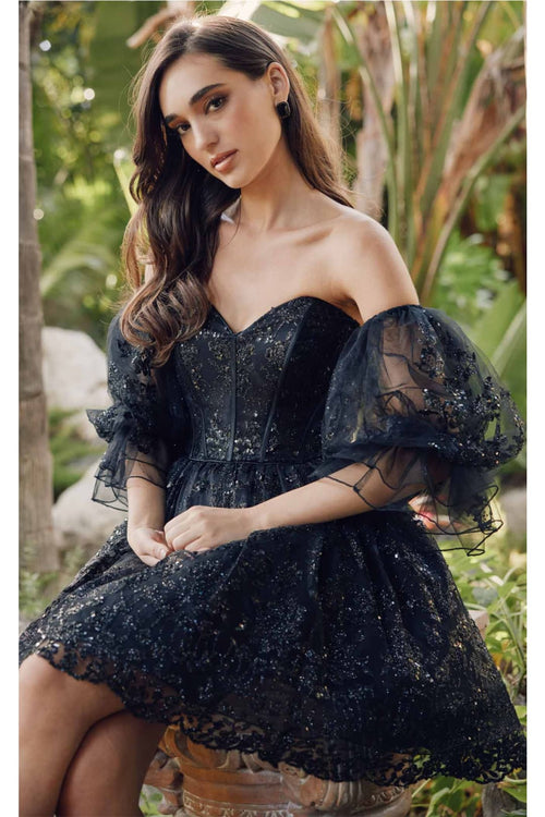 Short Puff Sleeve Glitter Print A-Line Dress by Juliet 895 - Dress