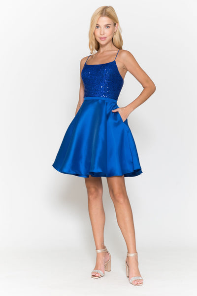 Poly USA 8730 Short Sequin Bodice A-line Dress