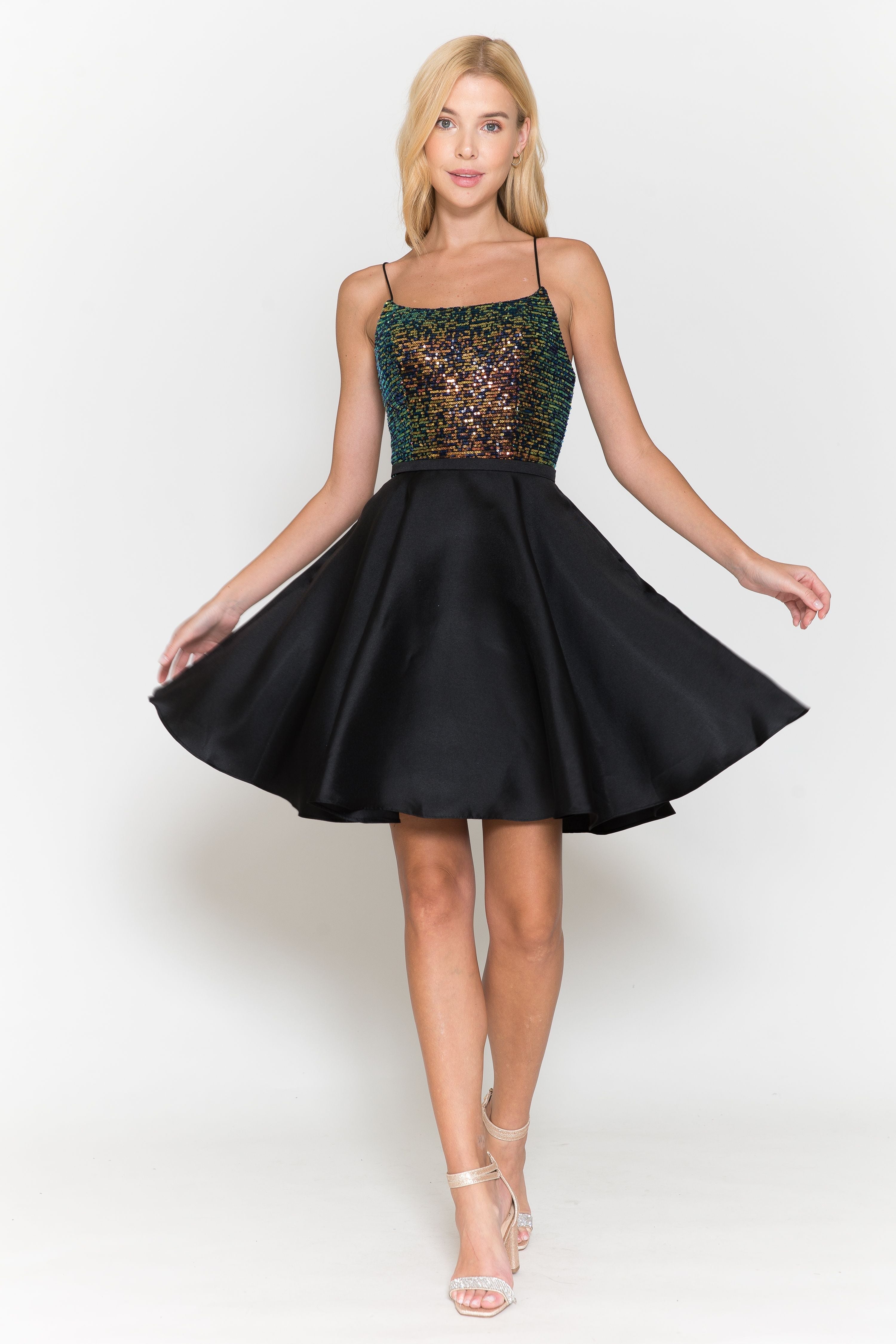 Poly USA 8730 Short Sequin Bodice A-line Dress