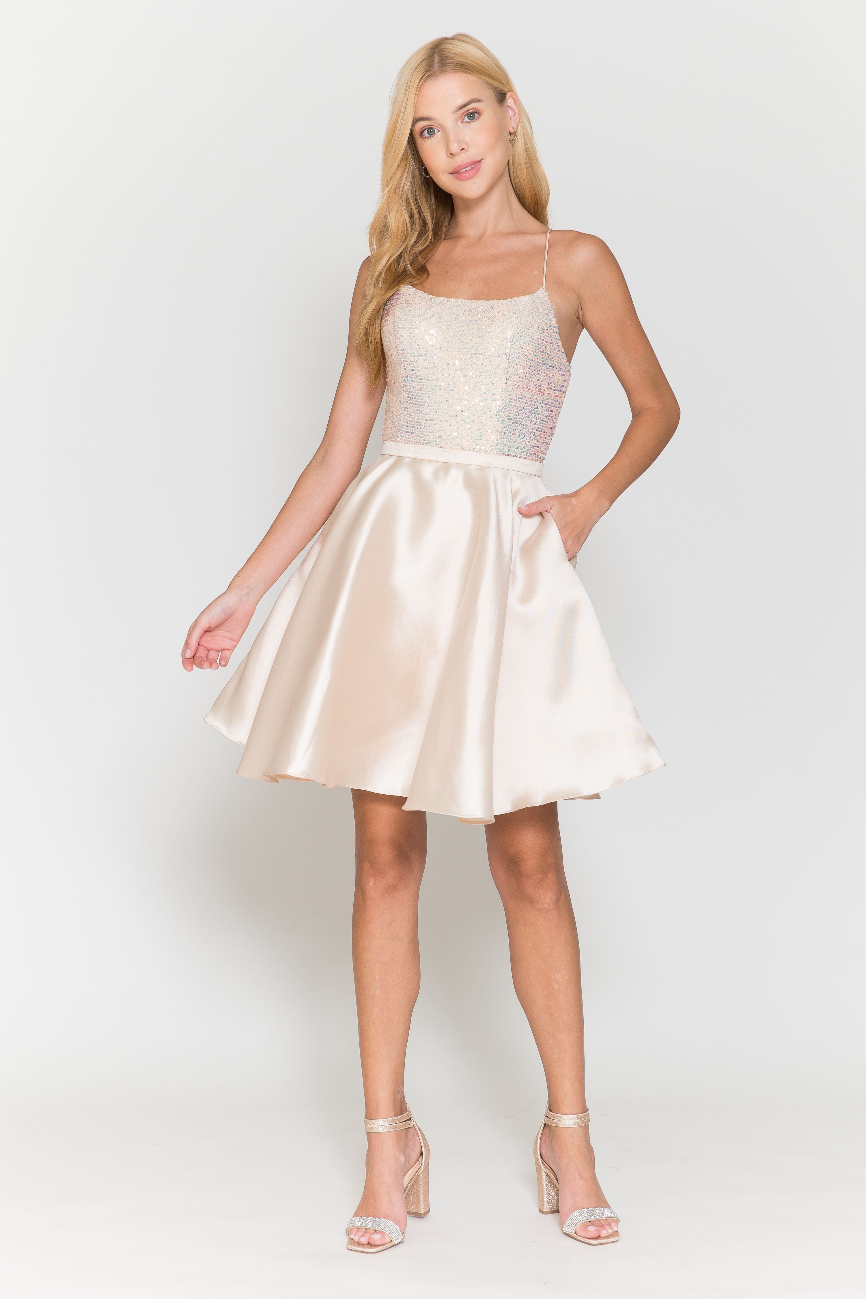 Poly USA 8730 Short Sequin Bodice A-line Dress
