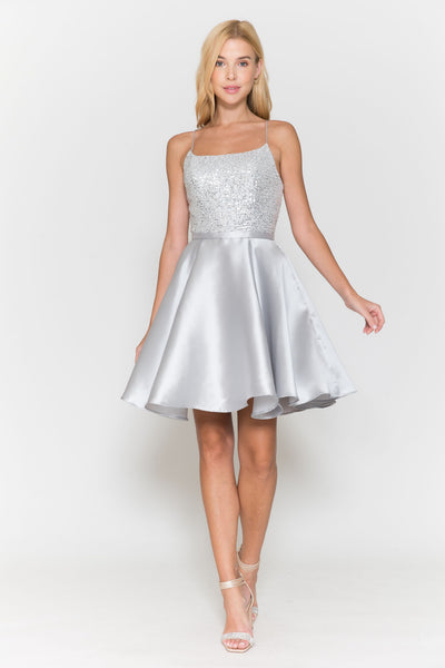 Poly USA 8730 Short Sequin Bodice A-line Dress
