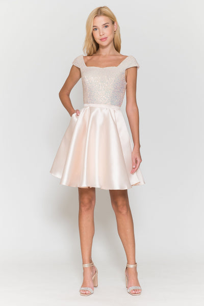 Poly USA 8732 Short Sequin Bodice Cap Sleeve Dress