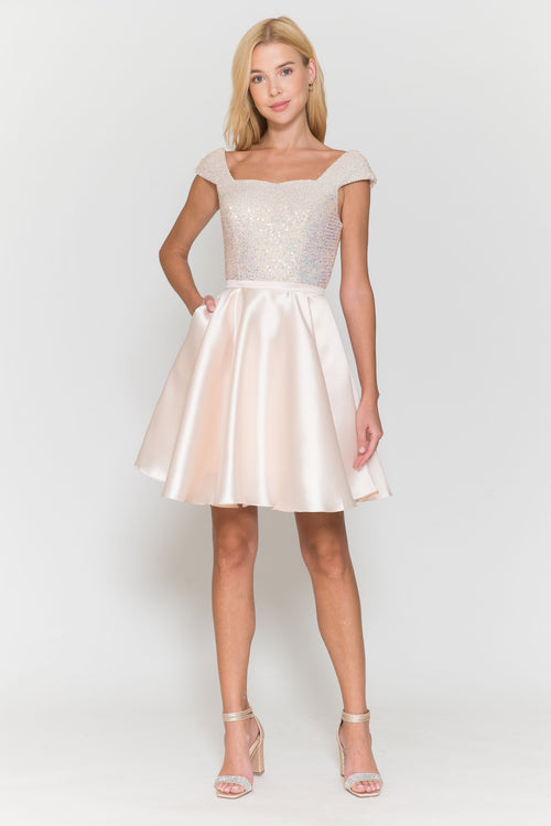 Poly USA 8732 Short Sequin Bodice Cap Sleeve Dress