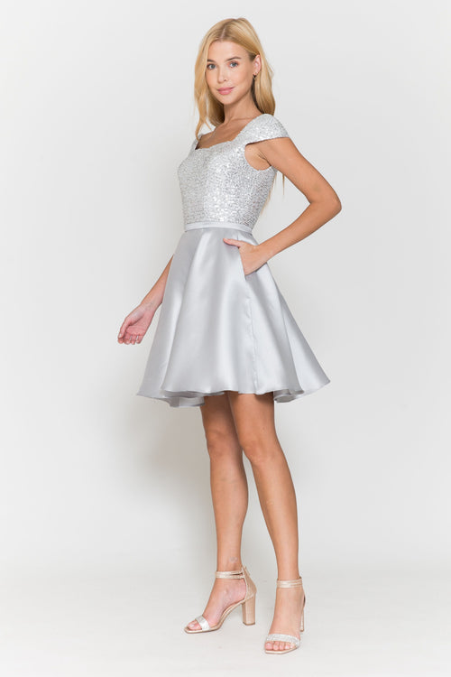 Poly USA 8732 Short Sequin Bodice Cap Sleeve Dress