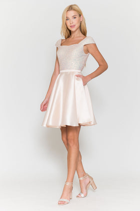 Poly USA 8732 Short Sequin Bodice Cap Sleeve Dress