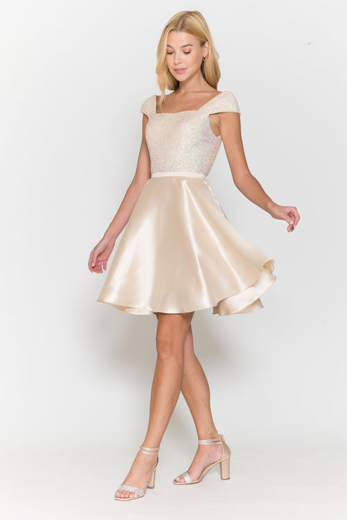 Poly USA 8732 Short Sequin Bodice Cap Sleeve Dress