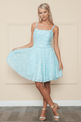 Poly USA 8930 Short Sequin Velvet A-line Dress
