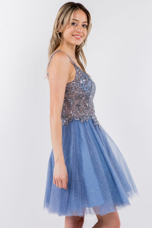Short Sheer Bodice Glitter Dress by Elizabeth K GS1967 - Short Cocktail Dresses