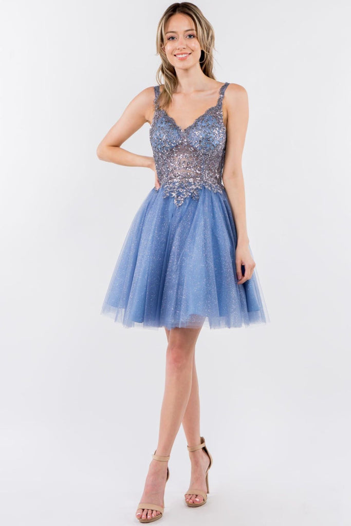 Short Sheer Bodice Glitter Dress by Elizabeth K GS1967 - XS / Smoky Blue - Short Cocktail Dresses