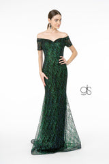 Short Sleeve Long Glitter Mermaid Dress by Elizabeth K GL1846 - XS / Black/Green - Long Formal Dresses