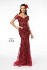 Short Sleeve Long Glitter Mermaid Dress by Elizabeth K GL1846 - XS / Burgundy - Long Formal Dresses