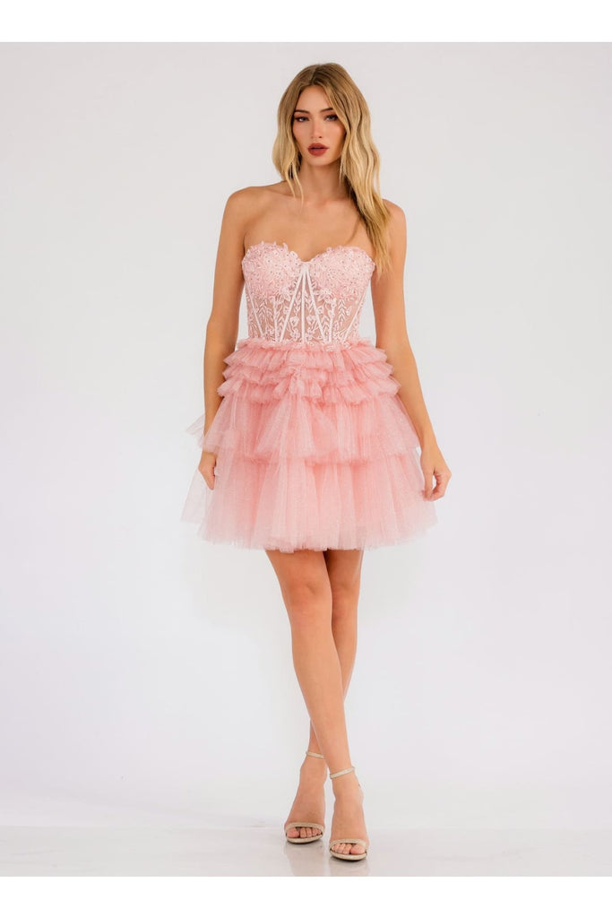 Short Strapless A-line Tiered Dress by Juliet JT918S - Blush / 2 - Short Cocktail Dresses