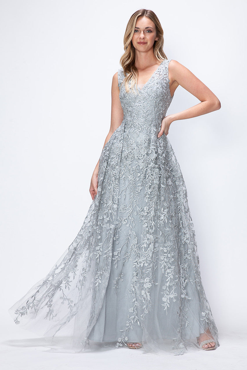 Vestido formal largo con escote en V y sin mangas, corte A, de Lenovia 8337 (Nueva colección)