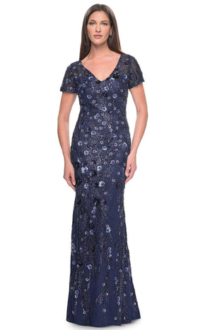 La Femme 31779 Beaded Sequin Embroidered V Neck Evening Gown