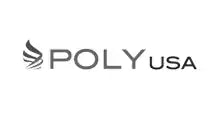 Simple black text logo showing ’POLY USA’ with a stylized wing or feather symbol.