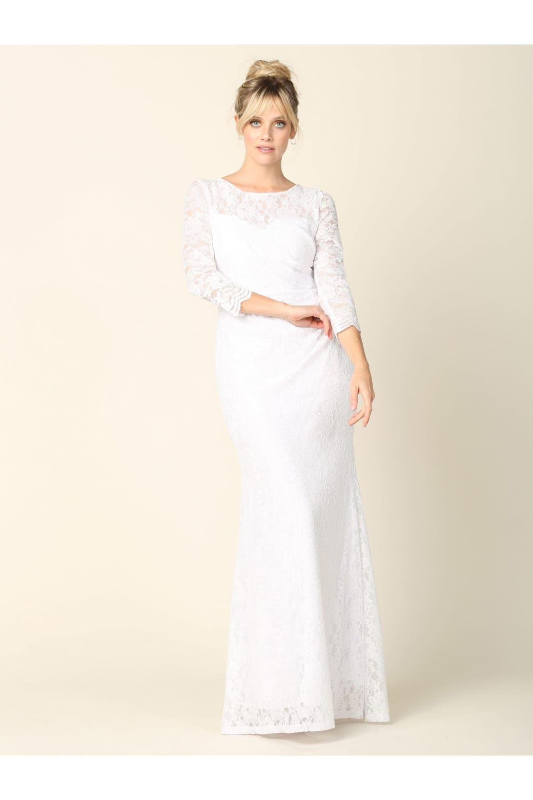 Simple Long 3/4 Sleeve Lace Wedding Dress - The Dress Outlet