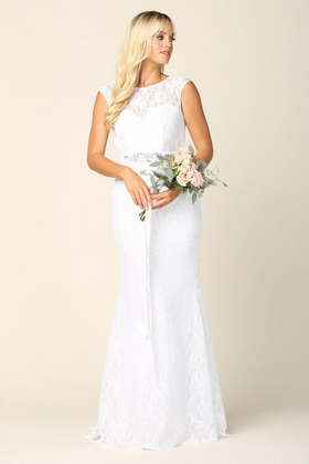 Eva USA 3417 Simple Long Cap Sleeve Belted Lace Wedding Dress