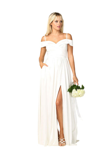 Simple Wedding Dress Long Off Shoulder Bridal Gown - The Dress Outlet