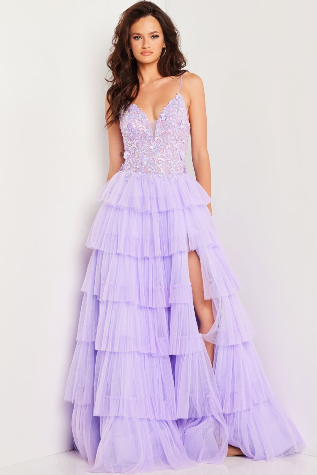 Sleeveless A-line Layered Slit Gown by Jovani 37190 - 00 / Lilac - Long Formal Dresses