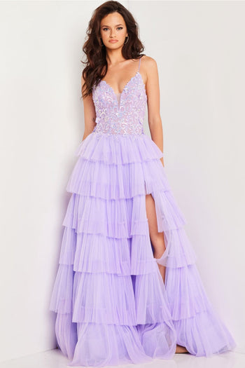 Sleeveless A-line Layered Slit Gown by Jovani 37190 - 00 / Lilac - Long Formal Dresses