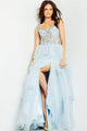 Sleeveless A-line Layered Slit Gown by Jovani 37438 - 00 / Grey/Blue - Long Formal Dresses