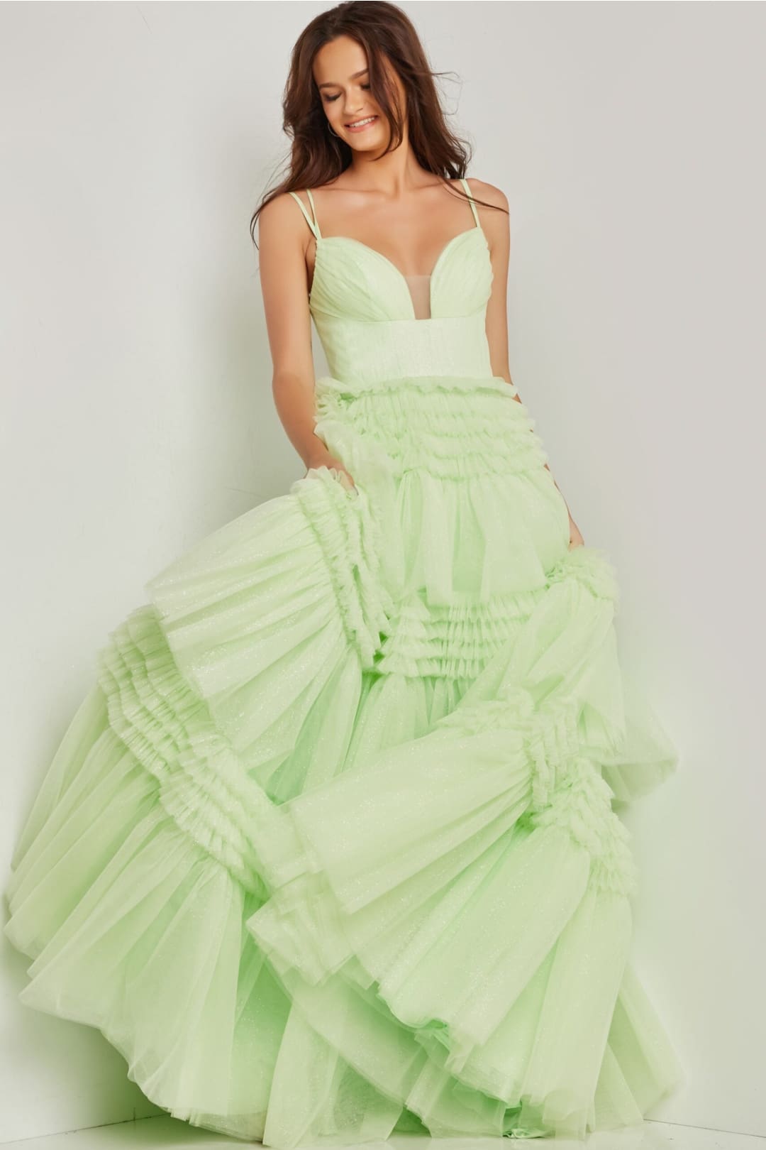 Sleeveless A-line Tiered Gown by Jovani 38477 - 00 / Mint - Long Formal Dresses