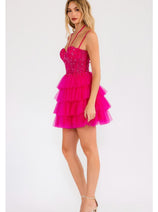 Sleeveless Applique Short Tiered Dress by Juliet JT923S