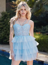 Sleeveless Applique Short Tiered Dress by Juliet JT923S