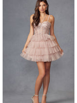 Sleeveless Applique Short Tiered Dress by Juliet JT923S