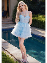 Sleeveless Applique Short Tiered Dress by Juliet JT923S
