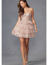 Sleeveless Applique Short Tiered Dress by Juliet JT923S